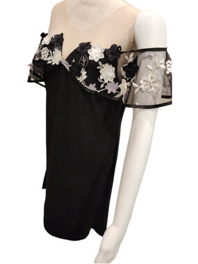 MSK Black Off-Shoulder 3D Floral Embroidered Beaded Mesh Ruffle Cocktail Dress L